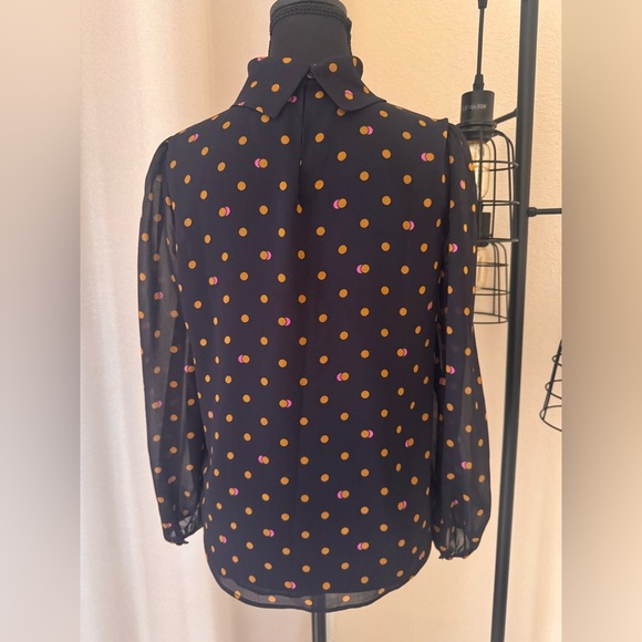 Ann Taylor Navy Tan Polka Dot Blouse XS Petite | Classic Print Work Top - Picture 6 of 9